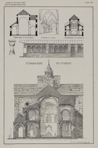214550 Dwarsdoorsnede met een gedeelte van het interieur van de St. Mariakerk te Utrecht uit het westen, met een ...